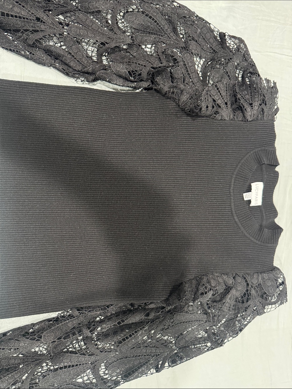 Lucky Brand Black Ribbed Top with Lace Sleeves